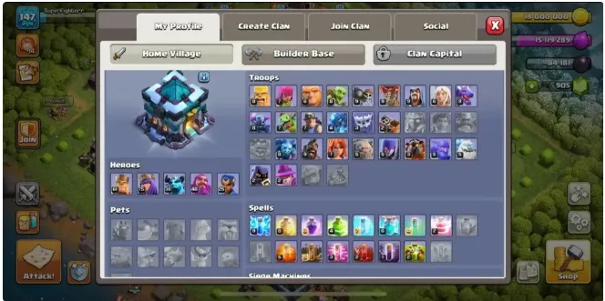 COC271 TH13 Semi Max EXP 147 Heroes 61 75 36 48 25 Gems 905 CN 1000 Builders 6 BH9 SuperFighterr Hero Equip Giant Arrow Life Gem Rage Jump Bat Spells Pets